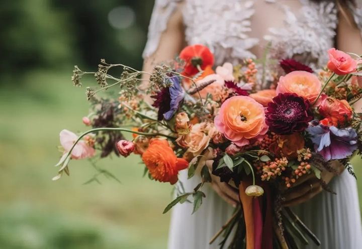 Bride holding a bright bouquet, from Billowing Blooms