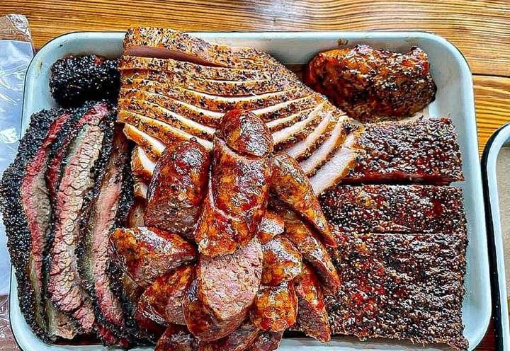 Tray of brisket, ribs and sausage from Burnt Bean Co.