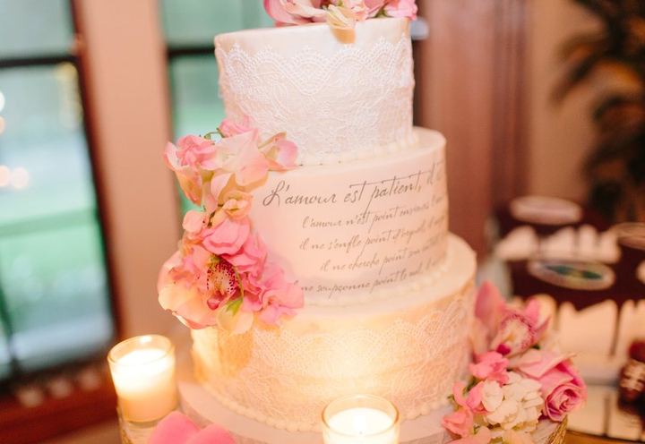 Lace wedding cake with pink flowers by Kayla Knight Cakes