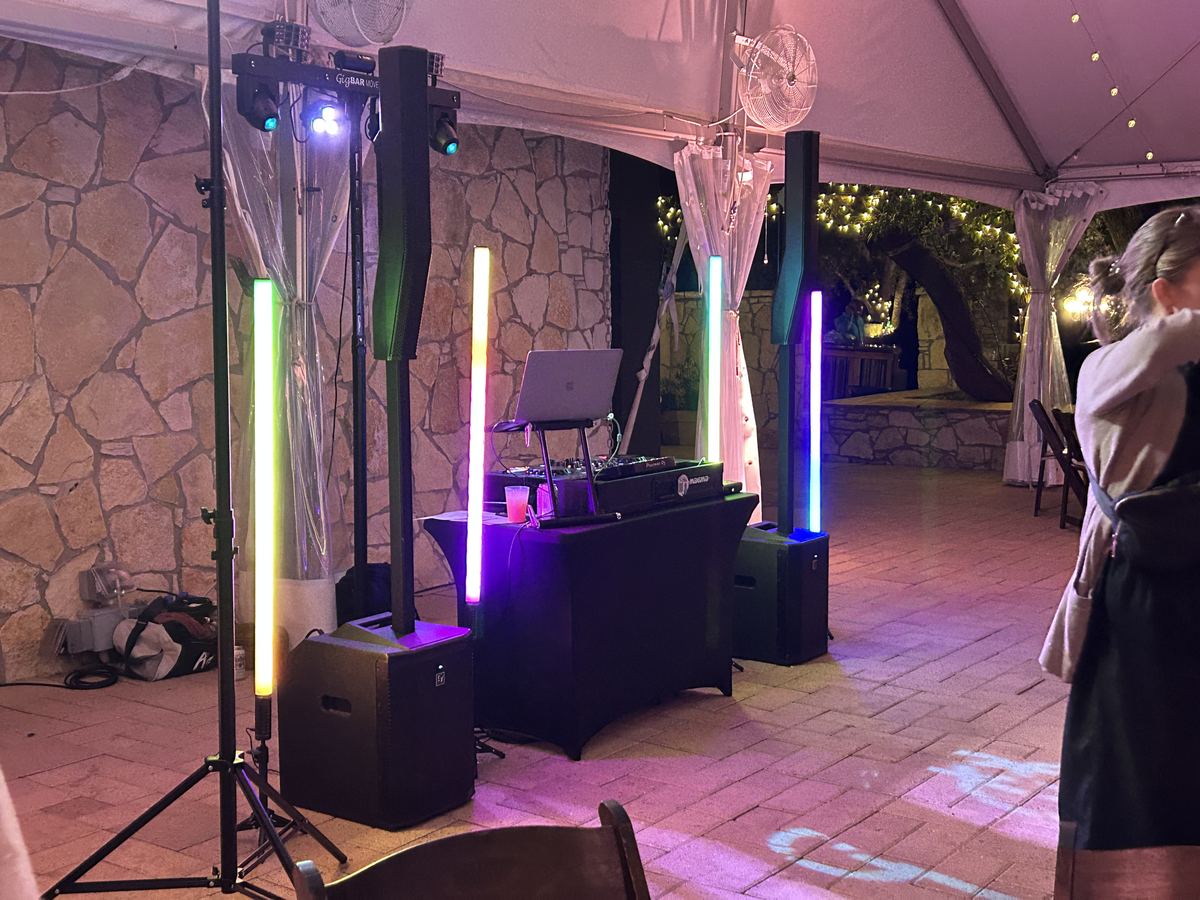 DJ booth and LED light tubes on the covered patio at Chappel Lodge