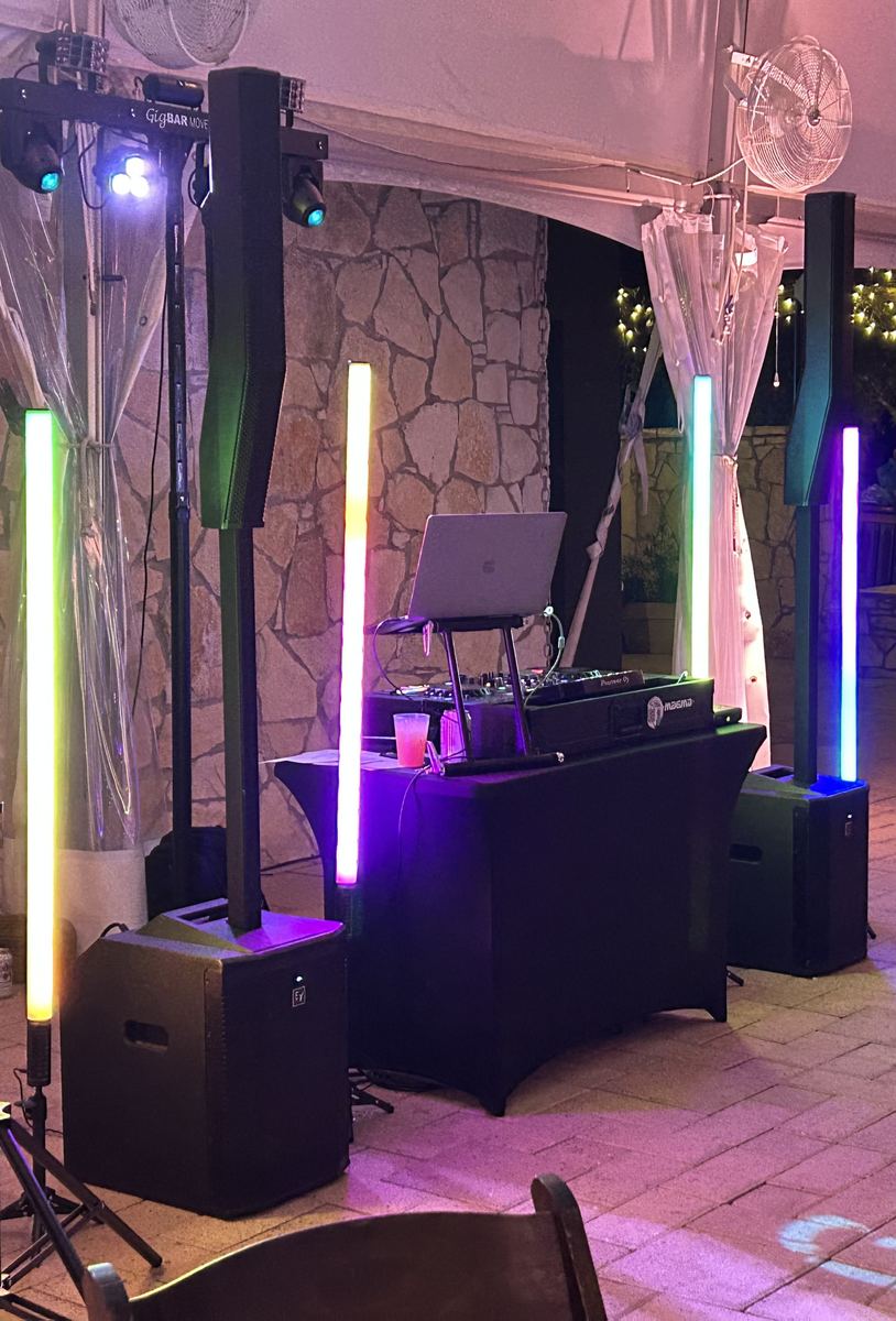 Speakers and lighting set for dancing on the patio at Chappel Lodge