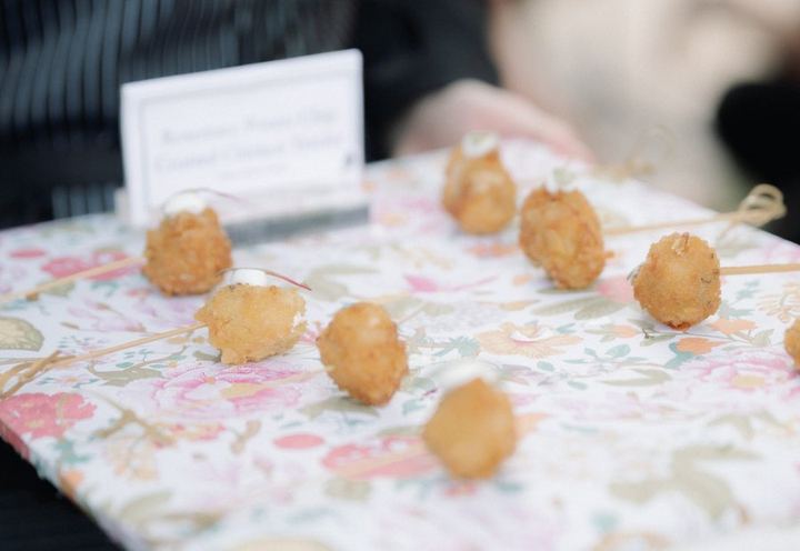 Passed appetizers on a floral tray from Vestals Catering